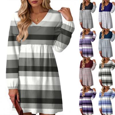 Женское модное платье в полоску с V-образным вырезом и длинными рукавами