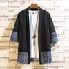 Summer Men's Lightweight Kimono Shirt Cotton and Linen Seven Sleeve Open Front Cardigan