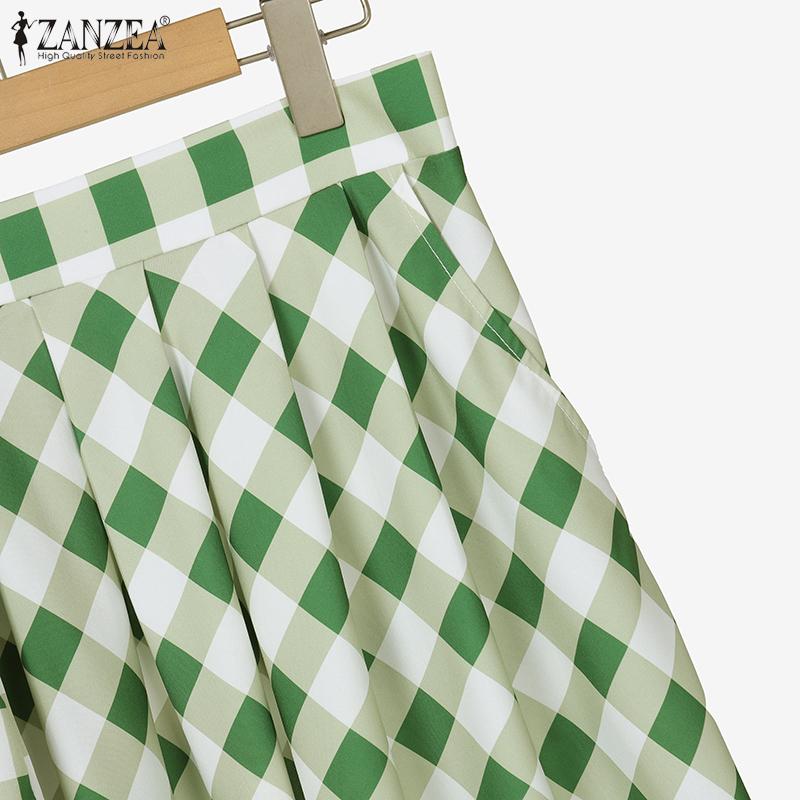 ZANZEA Women Short Sleeve Blouse and Long Skirts Plaid Print Two Piece Sets