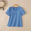 ZANZEA Женская повседневная летняя блузка с круглым вырезом и коротким рукавом