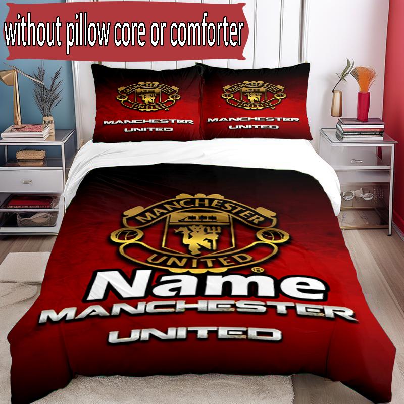 3pcs Duvet Cover Set (1*Duvet Cover + 2*Pillowcase, Without Core), Custom Name Manchester Football F.C Pattern Bedding Set, Home Bedroom Decor Gift