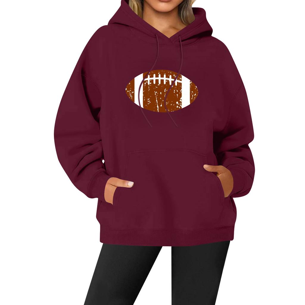 Women's Casual Fashion Solid Color Rugby Print Long Sleeve Hooded Sweatshirt Top