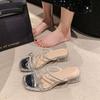 Fairy Wind Bow Rhinestone Temperament High Heel Crystal Sandals Women's Summer Wear 2025 New French Thick Heel Slippers