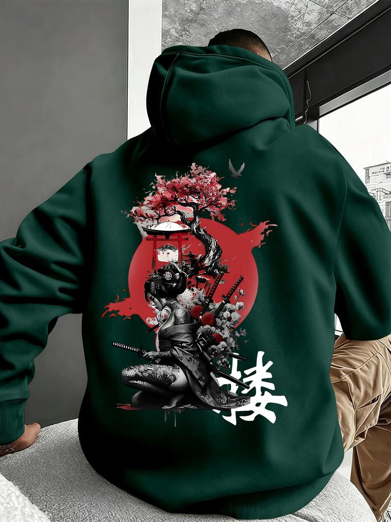 Unisex Japanese Geisha Samurai Sakura Print Hoodie Men Back Graphic Pullover Sweatshirt Harajuku Streetwear Long Sleeve Hooded Top