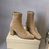 Стрейч Слим Женские Ботильоны на Толстом Каблуке Модные Ботильоны на Молнии сзади Обувь с Острым Носком Зимние Ботильоны из Короткого Плюша Современные Женские Ботильоны