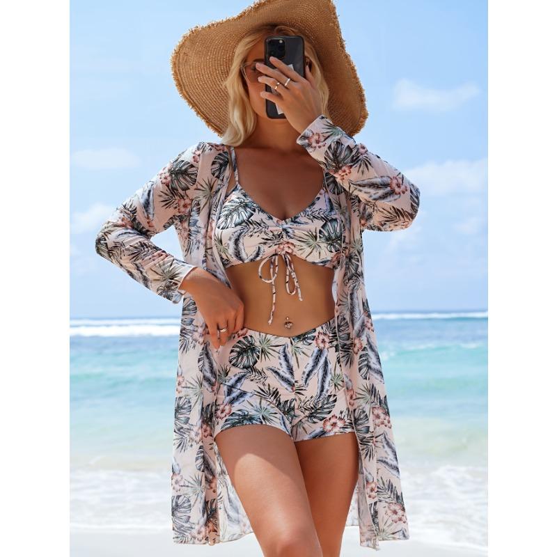 Раздельный купальник из трех частей с бикини с плоской линией бедра для женщин, новый стиль с раздельным верхом и бантом, модный пляжный и купальный наряд