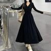 French Style Fashion Dresses Sping New Women Solid V-Neck Pleated Temperament Long Sleeve Slim Mid-length A-line Corset Dress