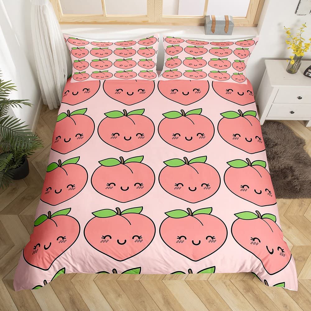 Комплект пододеяльника Свежий персик Яблоко Мультяшный Милый Kawaii Узор Полиэстер Покрывало для одеяла Размер King Для детей Подростков Взрослых
