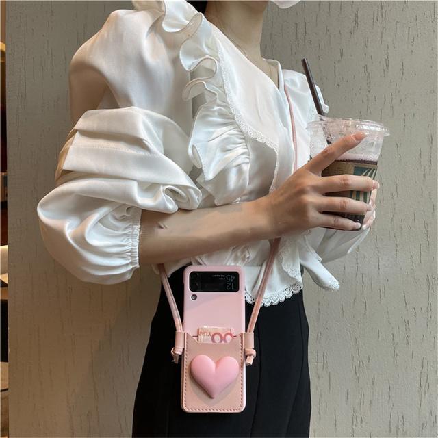 Fashion Korean Leather Crossbody Lanyard Card Wallet 3d Love Phone Case For Samsung Galaxy Z Flip Z Flip 3 5g Zflip 4 Cover Capa