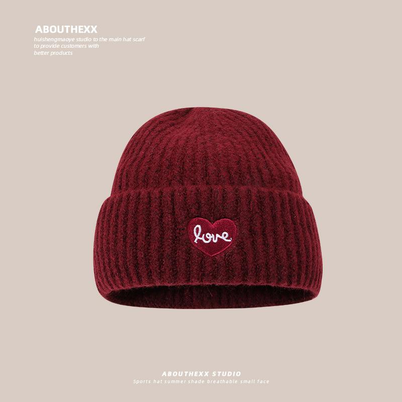 Love embroidered wool hat women's autumn and winter new big head circumference knitted hat large version warm ear protection cold hat