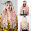 Blonde Long Wavy Wigs with Pink Highlight Ombre Blonde Wig with Bangs Colorful Party Daily Hair Heat Resistant Fiber