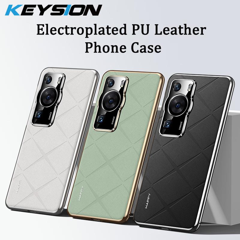 KEYSION Grid Pattern PU Leather Case for Huawei P60 P60 Pro Plating PC Camera Protection Phone Back Cover for Huawei P60 Pro