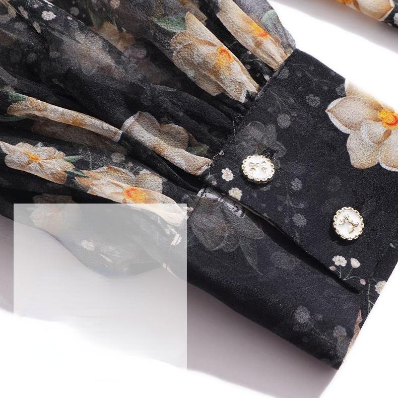 Шифоновая блузка с длинным рукавом во французском стиле, женская весенняя рубашка с цветочным принтом, элегантный топ с рюшами