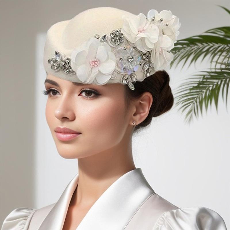 1PC Turban Hat Church Stewardess Hat Party Beanie Cap With Flower Beret Caps Vintage Felt Soft Airline Women