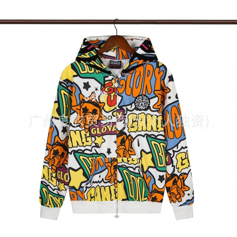 GLO GANG Streetwear Hooded Zip-Up Sweatshirt Unisex Oversized Cartoon Print Casual Pullover Teens Adults