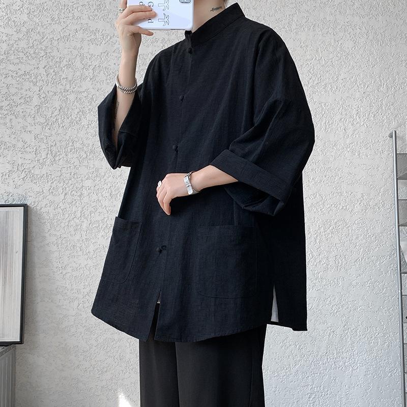 Мужская рубашка в японском стиле из хлопка и льна в стиле ретро, летние рукава с пятью точками, большие размеры, китайский национальный тренд
