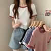 Women's Contrast Color Round Neck Short-Sleeve Slim T-Shirt, 2025 Korean Style Summer Trend