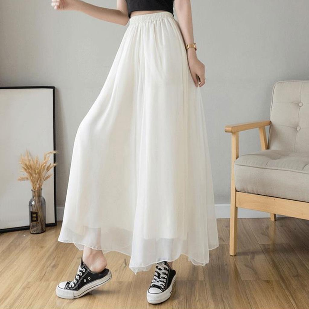 Women's Chiffon Wide Leg Pants Temperament Silky Chiffon Lined Wide Leg Skirt Pants