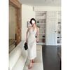 White polka dot v-neck neck dress women's summer sexy backless temperament medium and long skirt
