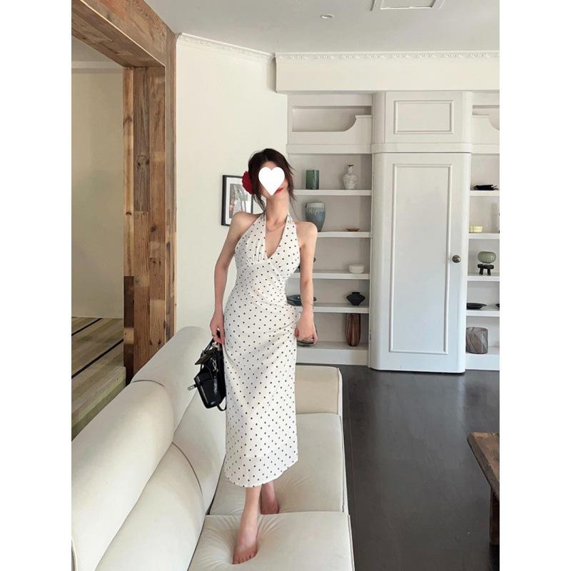 White polka dot v-neck neck dress women's summer sexy backless temperament medium and long skirt