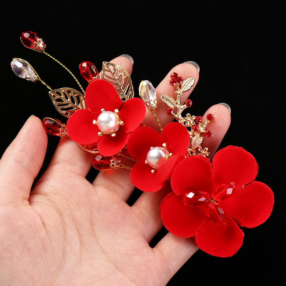 Sweet Crystal Leaf Hair Ornaments Pearl Red Flower Women Barrettes Festival Hairpins Chinese Hanfu Hair Clips Duckbill Clips