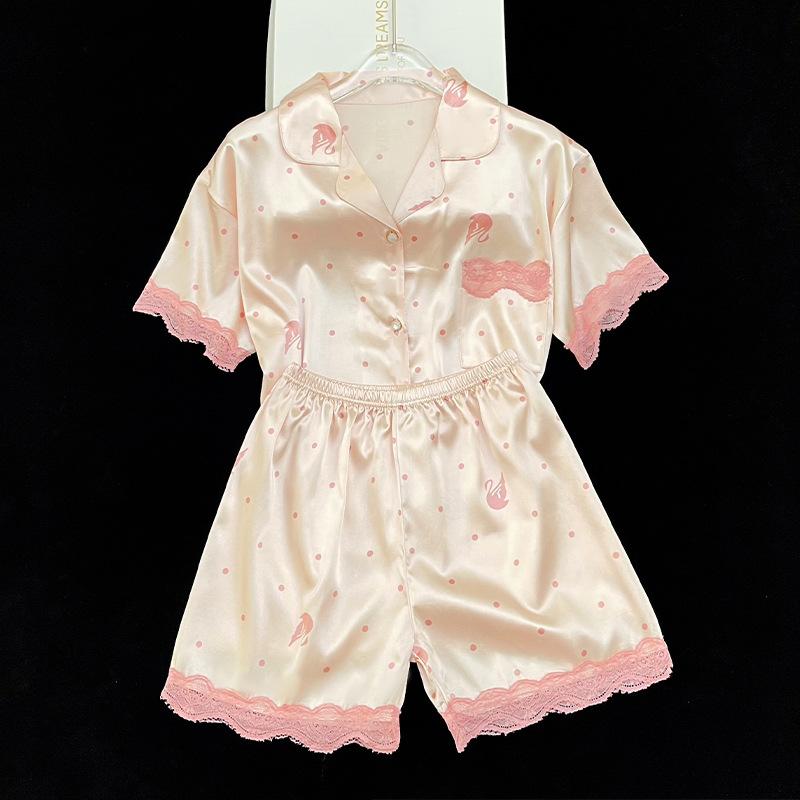 Solid Color Ice Silk Pajamas Women'S Summer Thin Foreign Style High-Value Short-Sleeved Loungewear Two-Piece Set Can Be Worn Outside