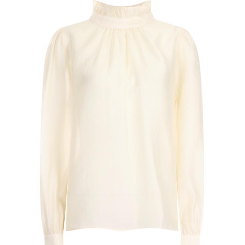 Shop Women Frill Neck Sheer Shirring Long Sleeve Blouse Ivory Con Wbl 20636