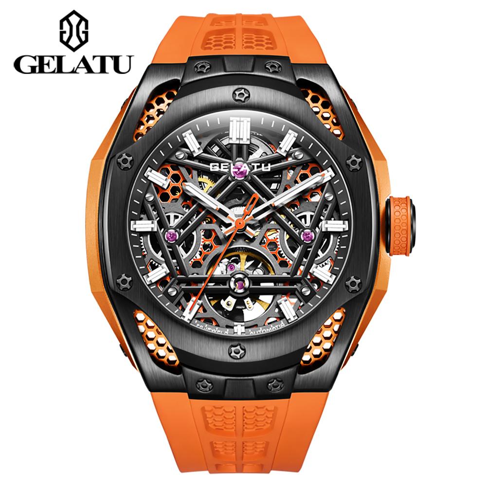 GELATU 6008 Skeleton Automatic Mechanical Watch for Men Hollow Luxury Sports Men's Wristwatch Silicone Strap Original Hand Clock