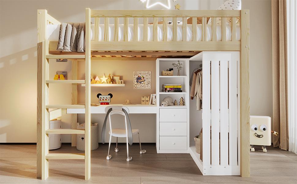 Loft bed, 140*200cm, desk, wardrobe, 3 drawers, open storage space, railing, stairs, without mattress, natural