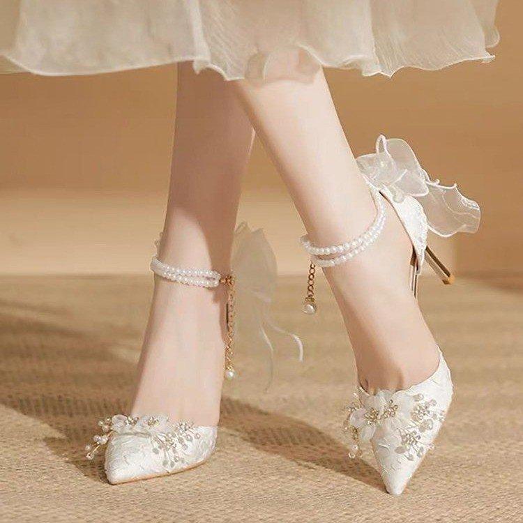 Мода Мода Высокие каблуки Весна Женские Стилет Жемчуг Пряжка на щиколотке Туфли невесты Бант Мода 6см 8см Тонкий каблук Свадебные туфли-лодочки
