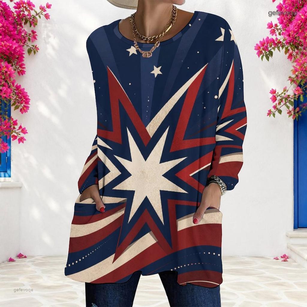 Women Plus Size Round Neck Long Sleeve Printed White Loose Longline T Shirt With Pockets
