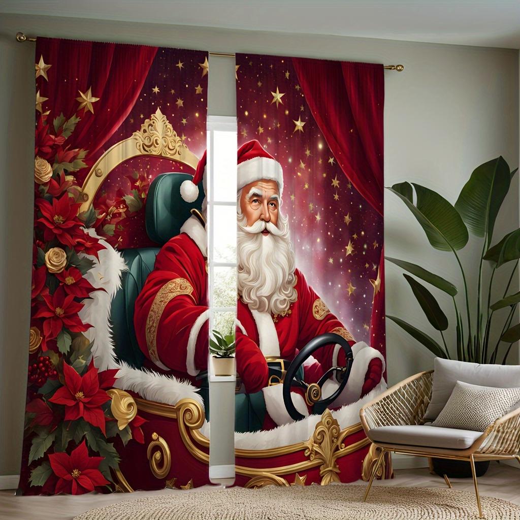 2pcs Set of Festive Christmas Curtains with Red Green Ornaments Digital Printed, Rod Pocket Design for Living Room Bedroom Decor