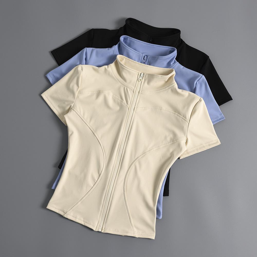 2024 Women's Nude Short Sleeve Zipper Fitness Top for Cycling, Outdoor Sports, and Yoga
