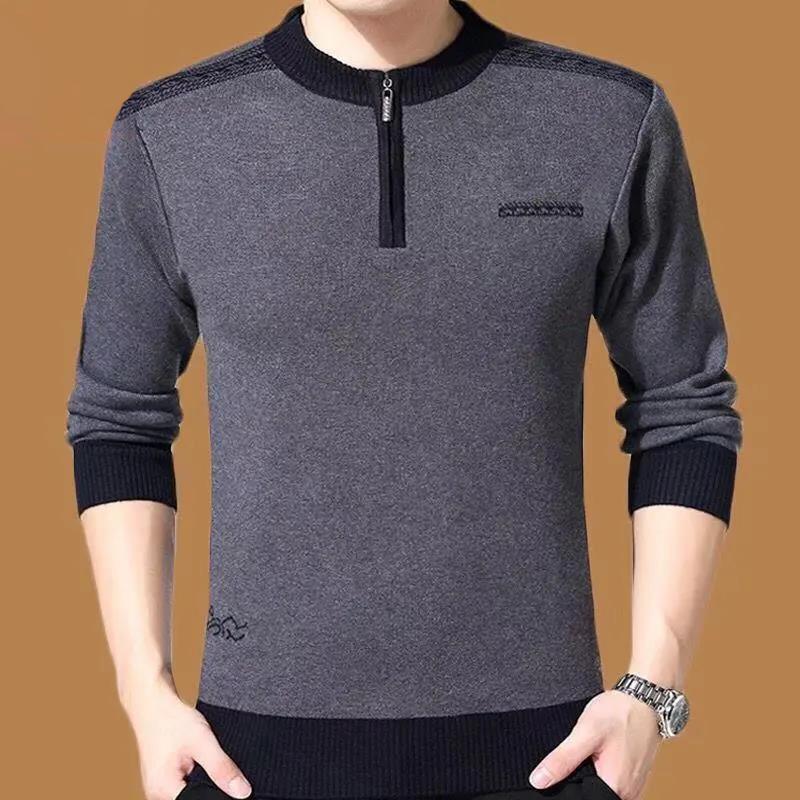 Мужской свитер с круглым вырезом, осень-зима, бархатный толстый теплый пуловер, трикотажная полосатая рубашка с половиной молнии, нижнее белье для среднего и пожилого возраста