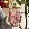 500ml Pink Bow Print Water Bottle Mason Jar Shaped Water Bottle With Lids Plastic Cup Pink Bowknot Tumbler Cup Coffee Juice Cup
