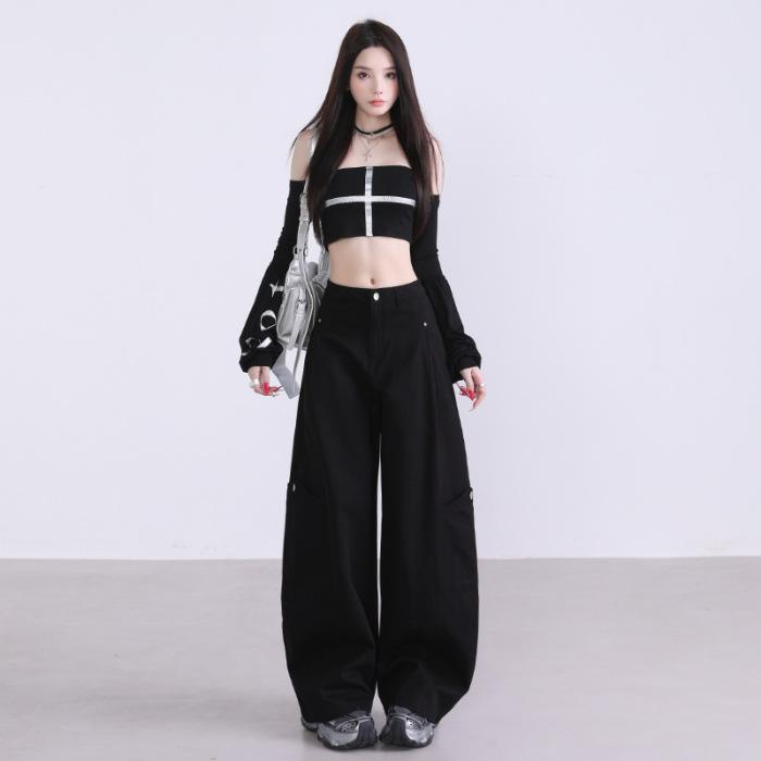 1119 autumn new retro old money style high waist and thin tooling casual pants women's loose straight wide-leg scimitar pants