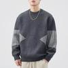 Round Neck Sweater, Men's Loose Fitting Patchwork Striped Knit Sweater, Casual Long Sleeved Pullover Top