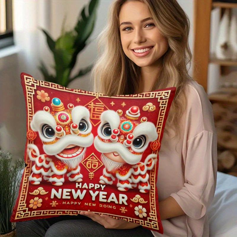 1pc Lion Dance New Year Cushion Cover - Traditional Chinese Lion Print Decorative Pillowcase, Soft Short Plush Zipper Closure Suitable for Home, Sofa,