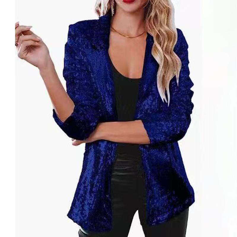 Women's Small Suit Commuter Style Cardigan Lapel Long Sleeve Sequins Casual Suit Jacket