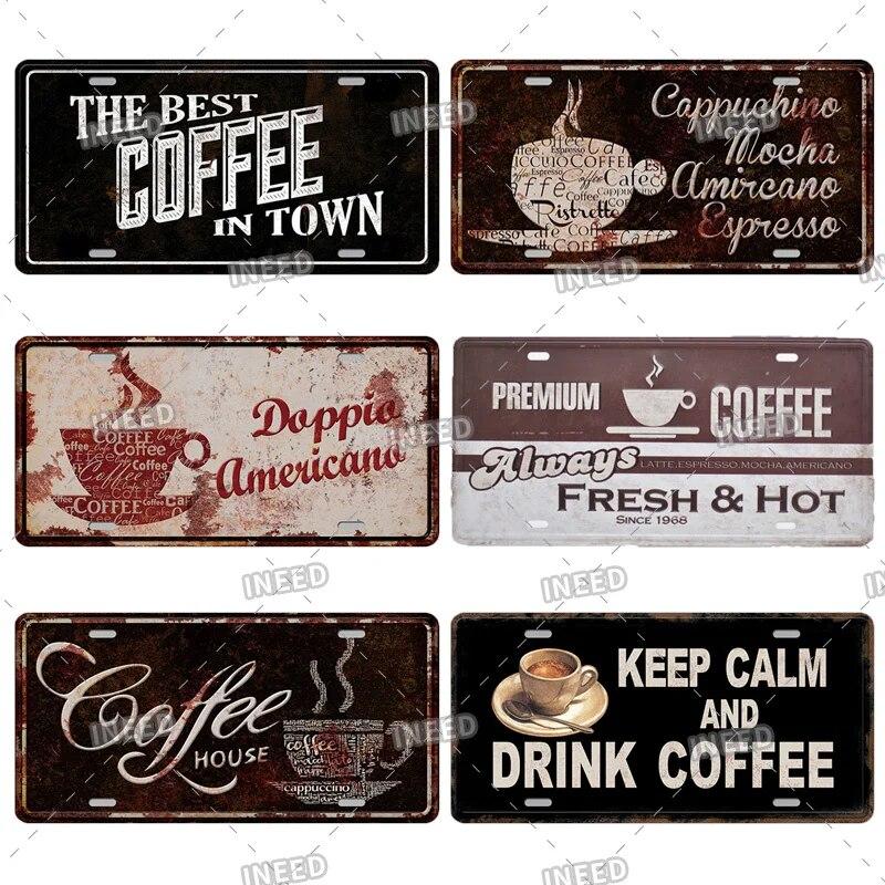 Metal Tin Signs Coffee License Plate Vintage Metal Plaques Retro Tin Plate for Cafe Kitchen Home Living Room Door Wall Art Decor