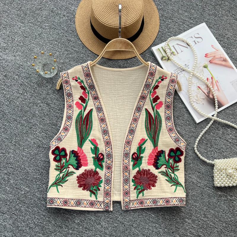Вязаный крючком топ с цветочной вышивкой, трикотажные женские топы с v-образным вырезом, народная мода, жилет для женщин, винтажный большой размер