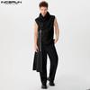 INCERUN Men High Cowl Neck Irregular Stitching Sleeveless T-shirt Casual Ruffled Tops