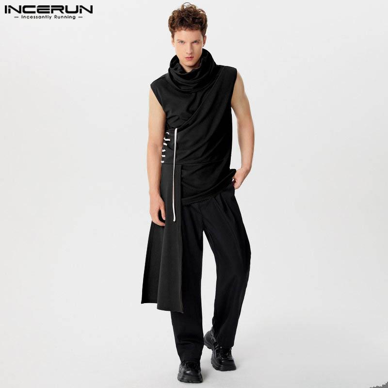 INCERUN Men High Cowl Neck Irregular Stitching Sleeveless T-shirt Casual Ruffled Tops