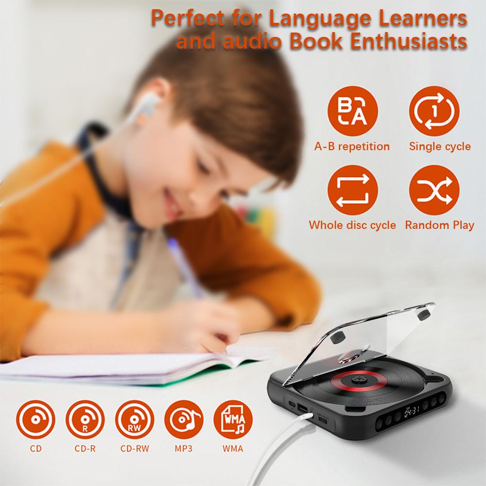 CD Player Portable BT Music Player CD Runner with Dustproof Cover 6 Modes A-B Repeat Timer Remote