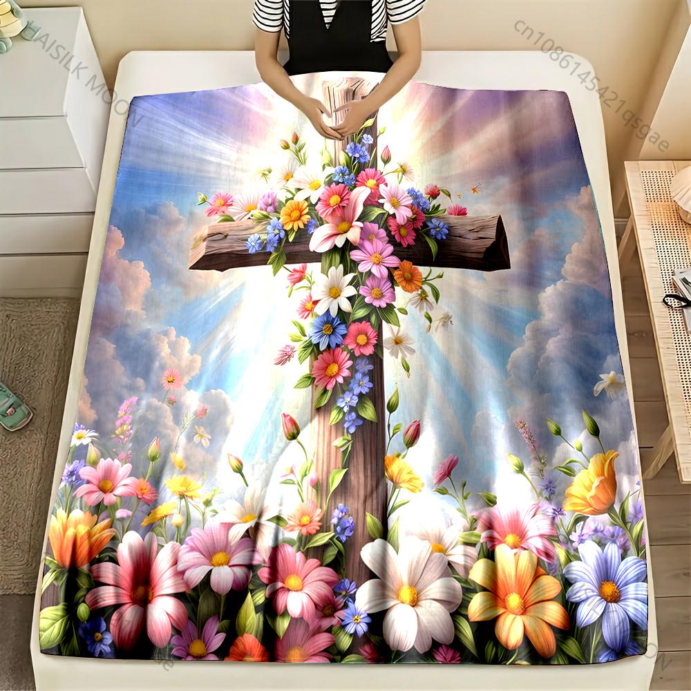 Flower Cross Pattern Believer Blanket Warm Soft Fluffy Kids and Adult Sofa Bed Throw Blanket Suitable Home Travel Camping Gifts