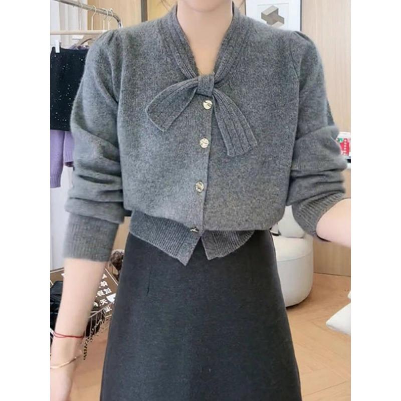 Весенний новый простой и универсальный вязаный кардиган однотонный топ с бантом, с длинным рукавом, куртка-свитер