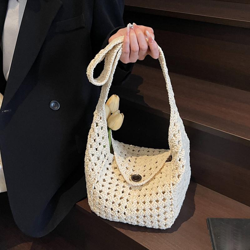 Yogodlns Женская стильная вязаная сумка через плечо, однотонная ажурная косичка, вязаная крючком сумка через плечо, летняя пляжная дорожная сумка