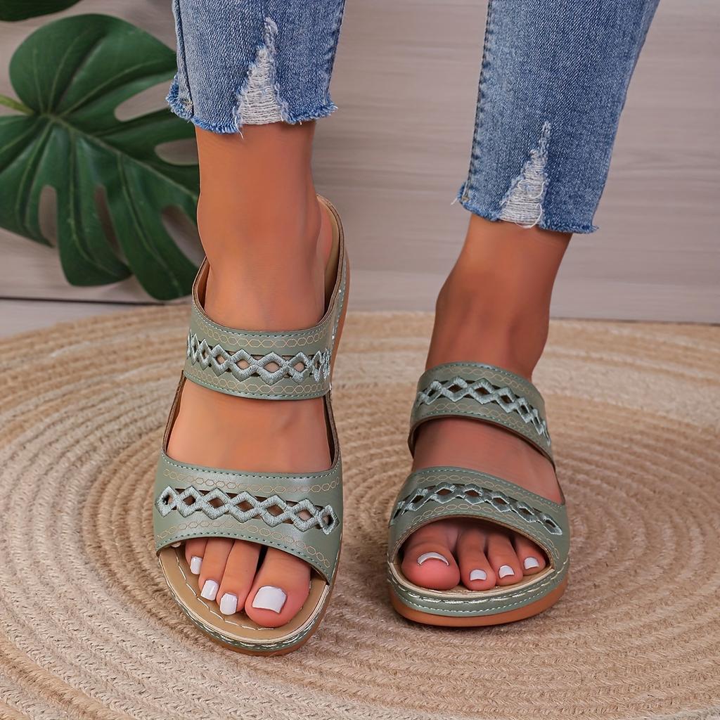 Women's Solid Color Sandals, Slip On Open Toe Double Bands Non-slip Soft Wedge Slides Shoes, Summer Comfy Shoes
