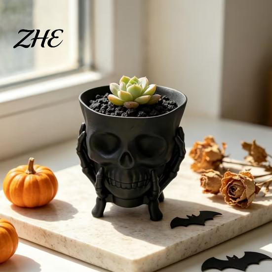 Niche Gift for Goth Lovers 3D Printed Skull Planter with Skeleton Hand Stand, Gothic Succulents Pot, Unique Resin Craft Art Dark Style Decorative