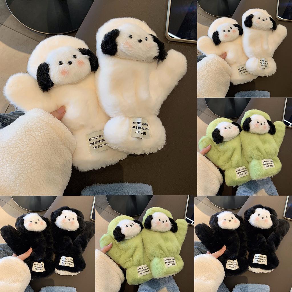 Женские зимние плюшевые перчатки, Удобные пушистые перчатки, Милые собачки, Теплые толстые плюшевые, Полностью закрывающие пальцы, Для езды на пальцах, Перчатки, устойчивые к холоду